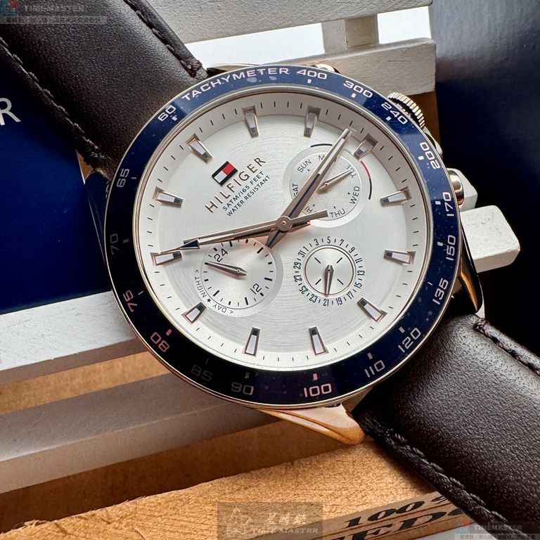 [星晴錶業]TommyHilfiger手錶,46mm,TH00053銀白錶面寶藍錶殼咖啡色真皮皮革錶帶款, , large
