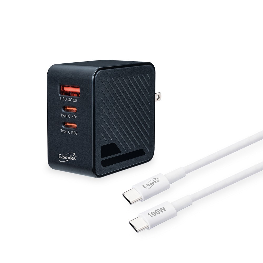 E-BOOKS B72 65W GaN氮化鎵三孔充電器+100W C to C快充傳輸線組 輕巧高效 安全認證, , large
