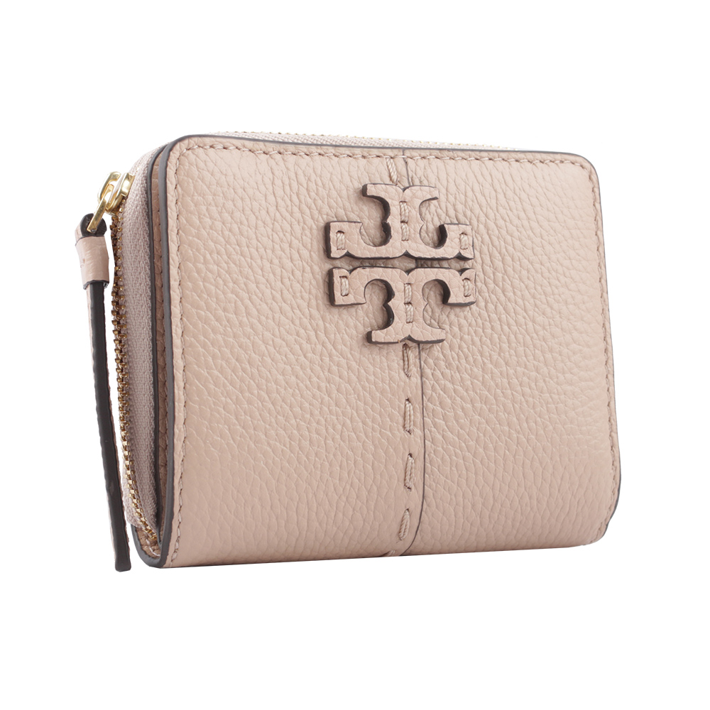 TORY BURCH McGRAW 牛皮暗釦拉鍊零錢袋短夾/沙色, , large