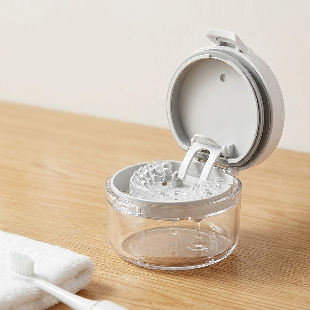 【上手家居】自動瀝水清潔牙套盒-白色(牙齒收納盒/維持器收納盒/假牙盒/牙套收納盒), , large