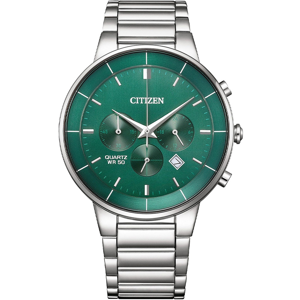 CITIZEN 星辰 Chronograph 紳男計時手錶 送禮推薦-銀x綠/42mm AN8220-52X
