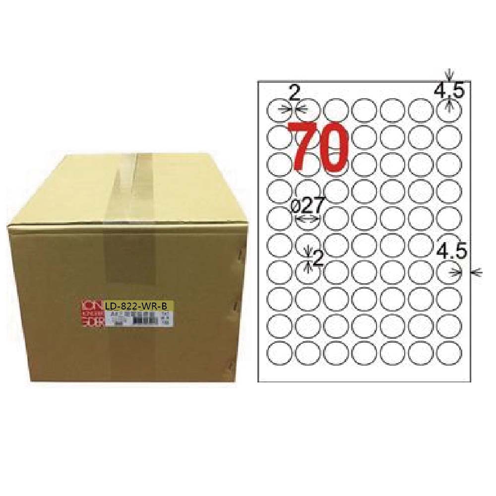 【龍德】LONGDER三用電腦標籤A4 70格 圓型標籤 直徑27mm可再貼1000張/箱LD-822-WR-B(適用雷射、噴墨、影印), , large