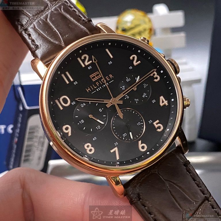 [星晴錶業]TommyHilfiger手錶,44mm,TH00003黑色錶面玫瑰金錶殼咖啡色真皮皮革錶帶款, , large