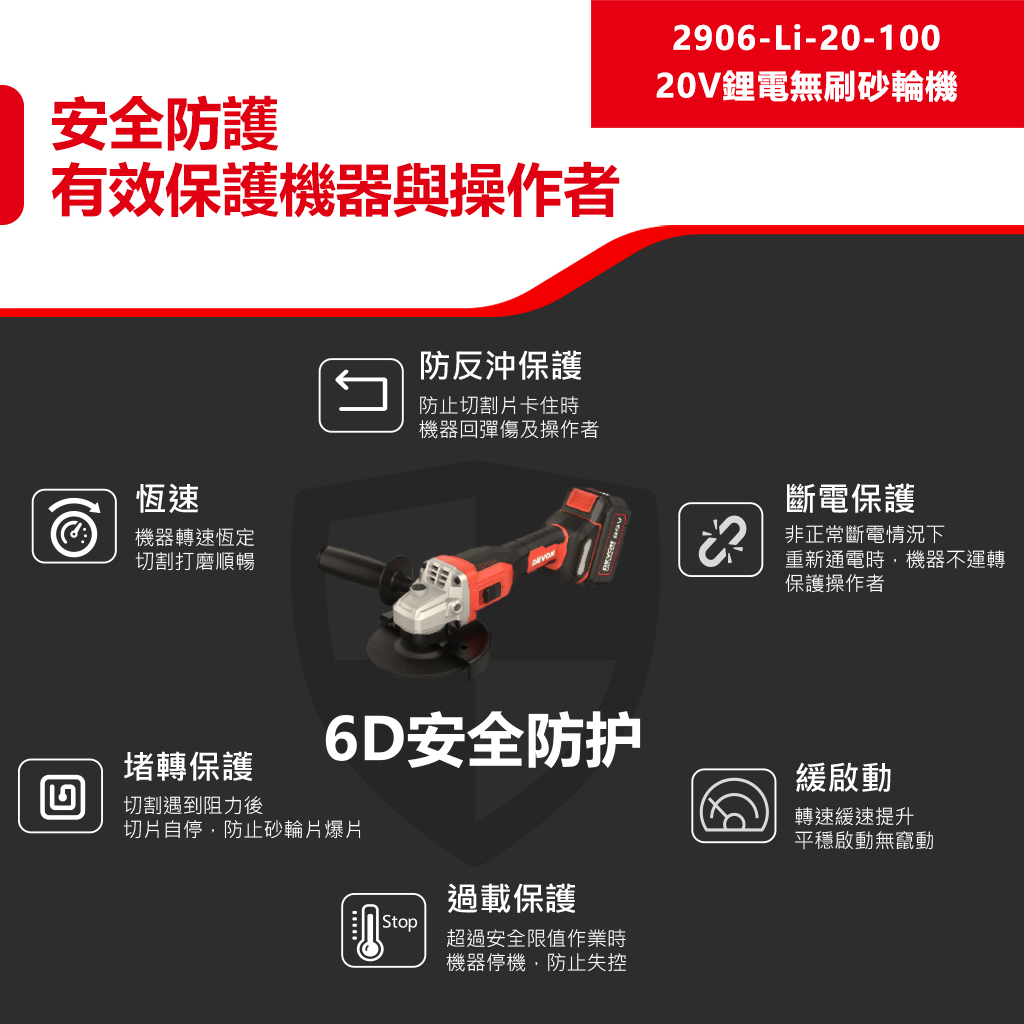 WIN五金 DEVON 大有 2906-Li-20-100 無刷鋰電砂輪機 角磨機 萬轉 20V鋰電 切割機 切斷機, , large