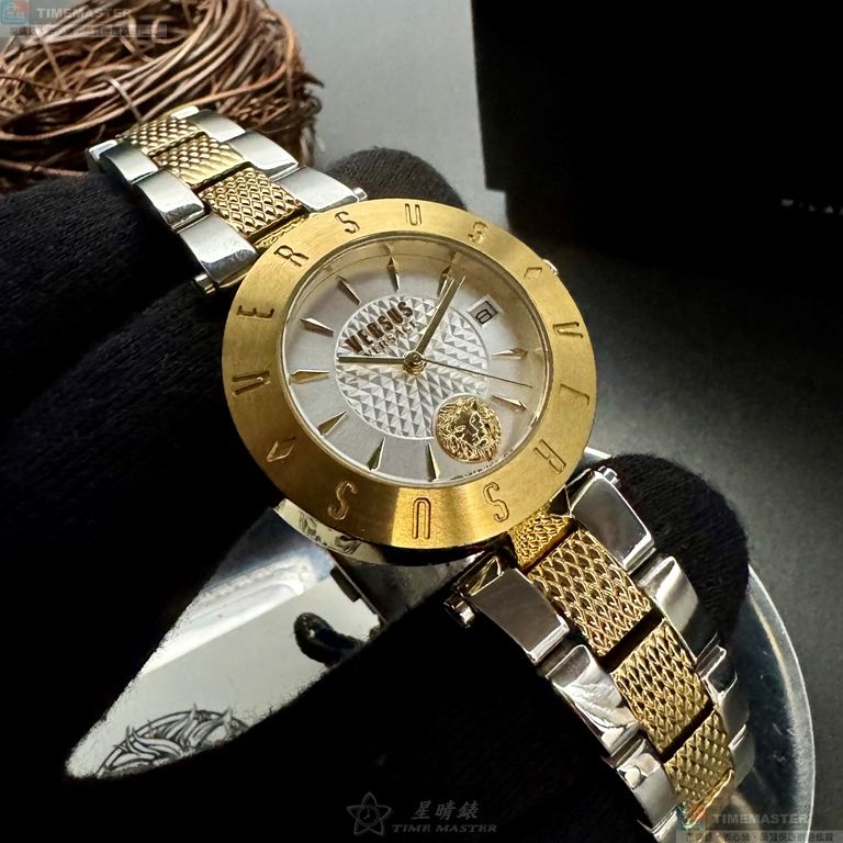 [星晴錶業]VERSUS VERSACE手錶,34mm,VV00404銀白色錶面金色錶殼金銀相間精鋼錶帶款, , large