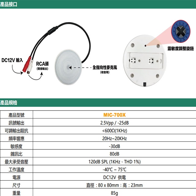 昌運監視器 MIC-700X (MIC-203) 超高感度監控專用麥克風 全指向性麥克風 傳輸距離遠 多級動態降躁技術, , large