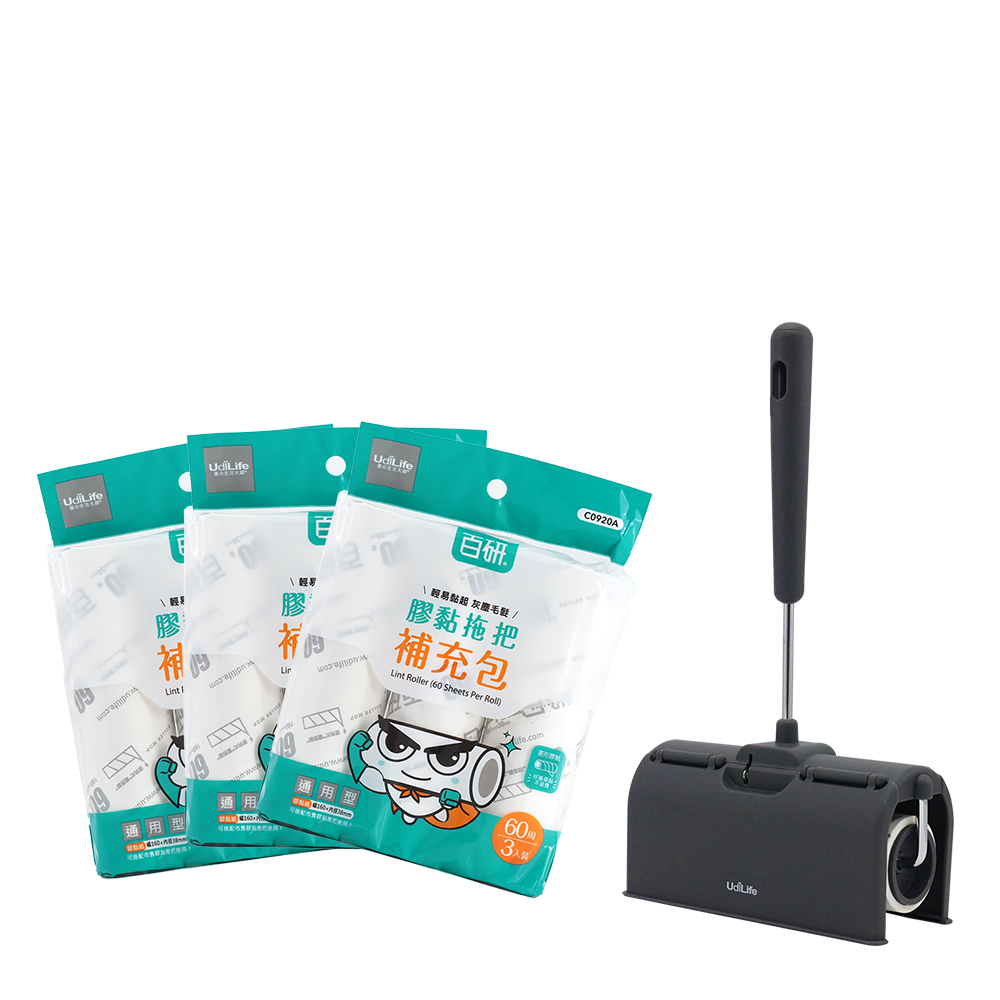 掀蓋式短柄膠黏拖把-60周-1支+百研/通用型膠黏補充包/60周-3入×3包-1組