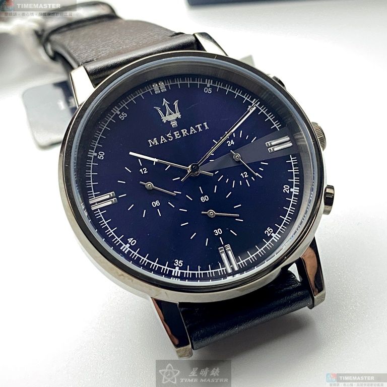 [星晴錶業]MASERATI手錶,42mm,R8871630002寶藍色錶面黑錶殼深黑色真皮皮革錶帶款, , large