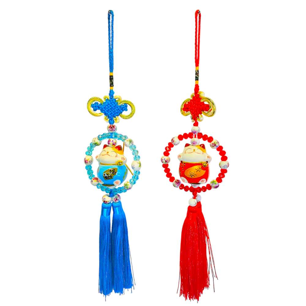 摩達客◉春節開運招財◉招財平安陶瓷招財貓水晶圈流蘇吊飾_兩入組, , large