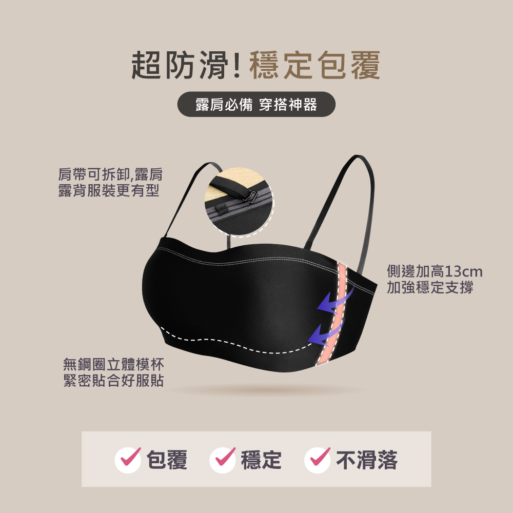 【伊柔 EVEROY】輕穩肌密 防滑穩定平口無肩帶無鋼圈M-XL內衣 黑色 W052-63, 黑色, large