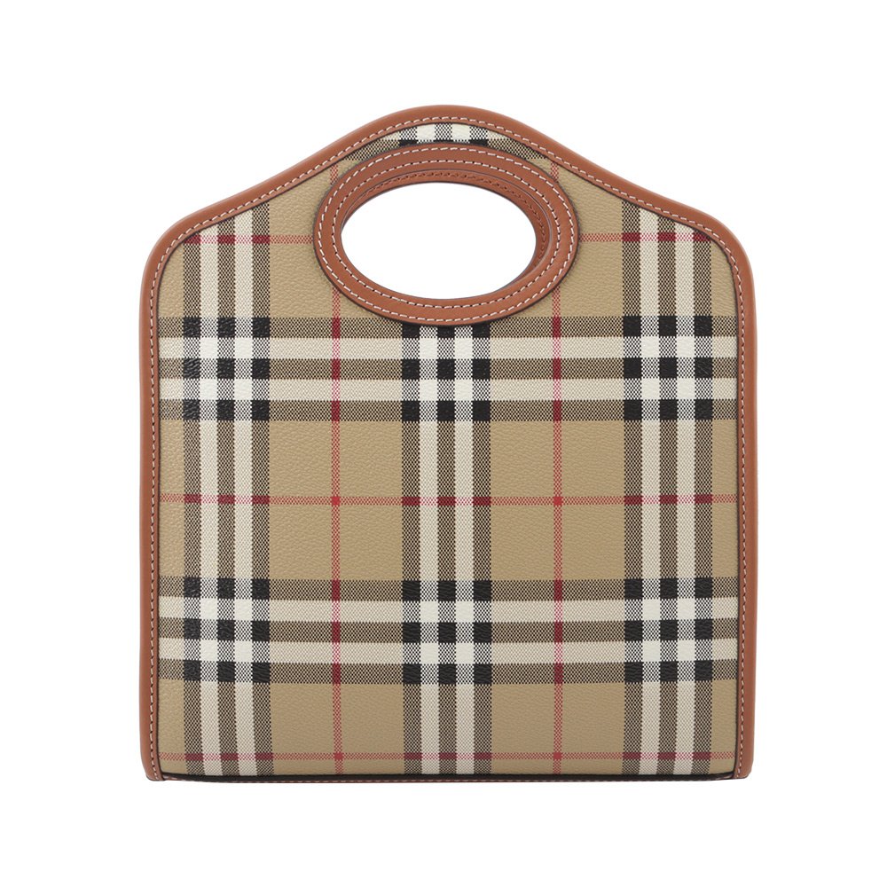 BURBERRY 格紋拼皮革手提/斜背口袋包(Mini)/石楠木棕色, , large