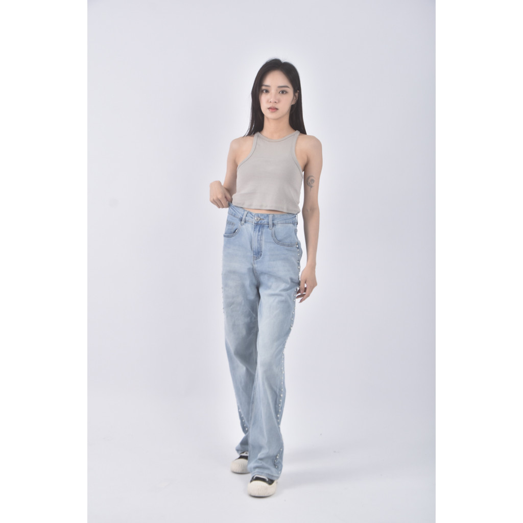 (S) jeans高腰丹寧牛仔質感棉質珍珠藍色長褲二手衣