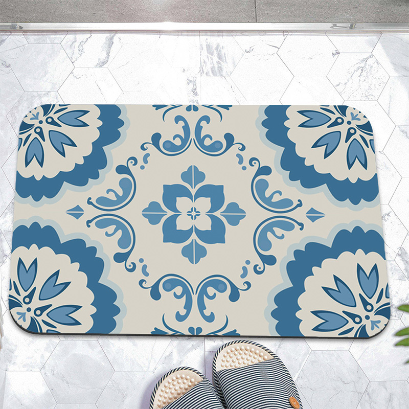 【Monster】 Soft Diatomaceous Earth Absorbent Mat – White & Blue Tiles (60x40cm), , large