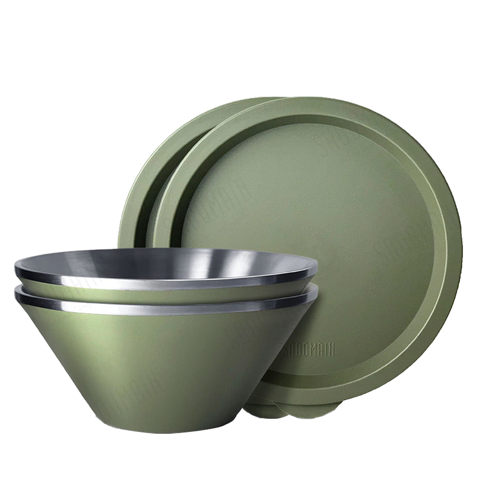 仙德曼雙層304不鏽鋼笠形湯碗-綠色-附蓋-20cm-2入x1組
