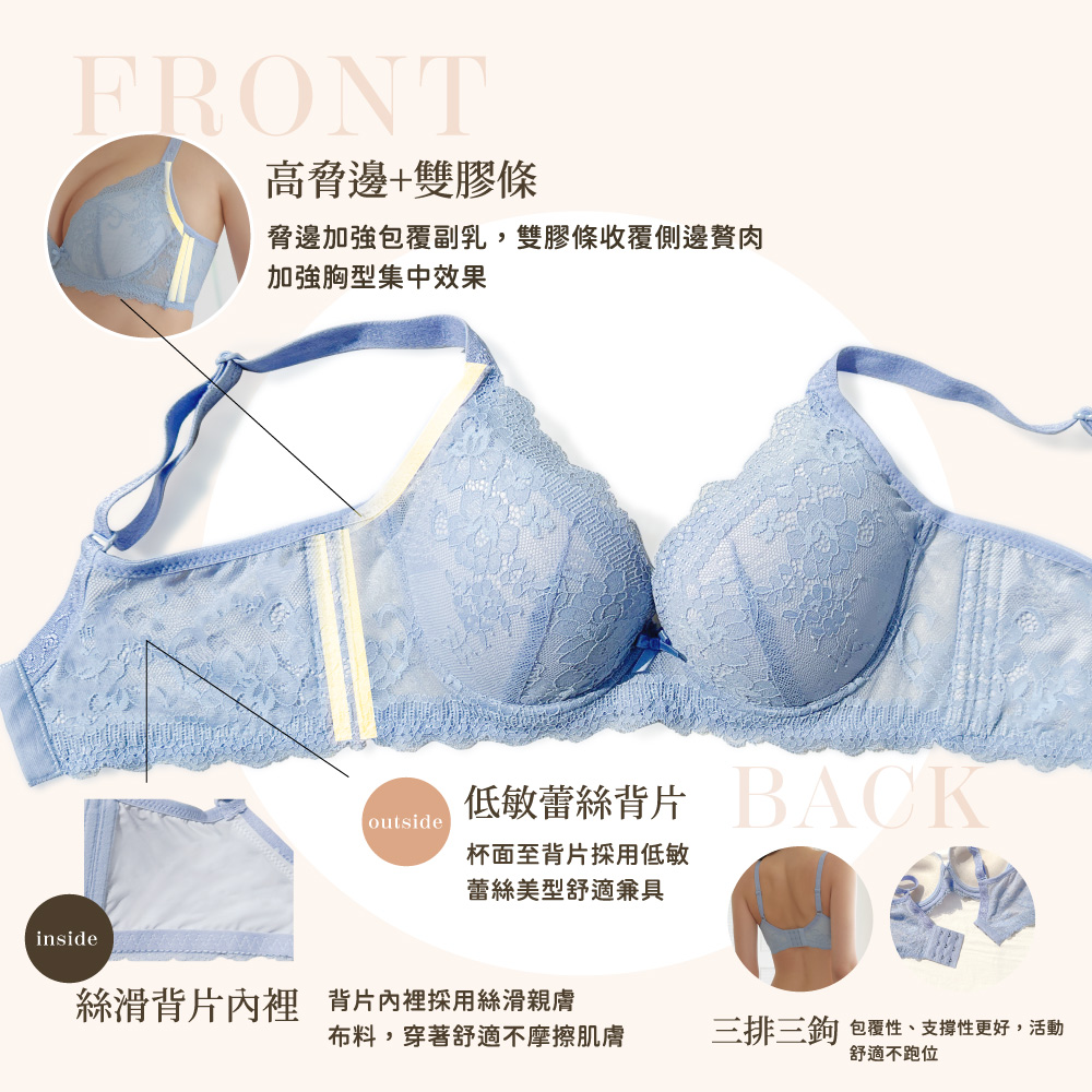 【Clany可蘭霓】澎然心動 石墨烯抑菌軟鋼圈集中包覆BCD蕾絲內衣 晴空藍 8063-51, , large