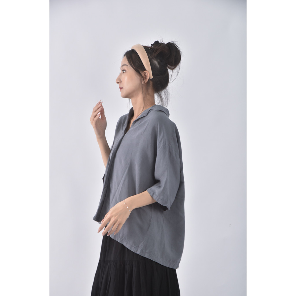(2XL) uniqlo質感亞麻素面灰色短袖上衣二手衣, , large