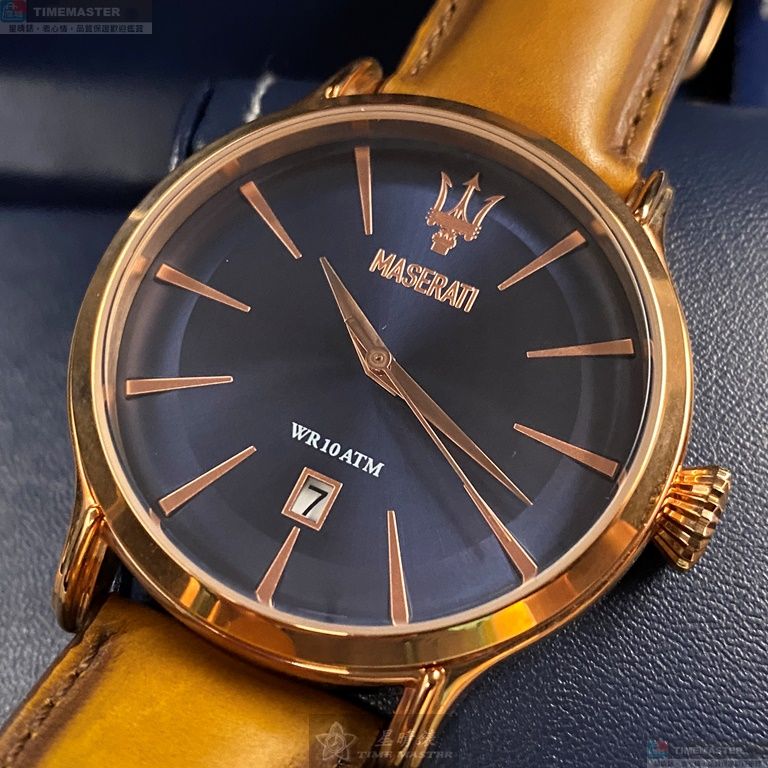 [星晴錶業]MASERATI手錶,42mm,R8851118001寶藍色錶面玫瑰金錶殼咖啡色真皮皮革錶帶款, , large