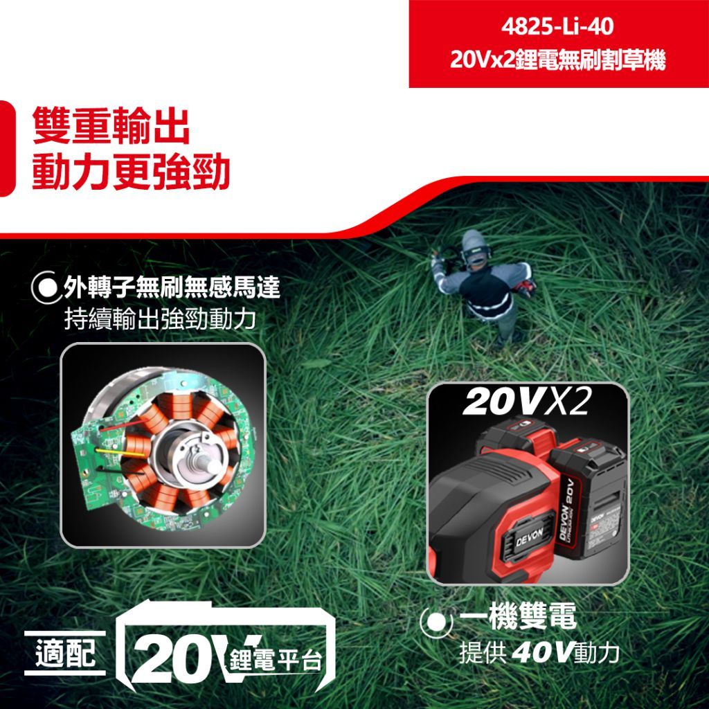 WIN五金 DEVON 大有 4825-Li-40 10吋充電無刷割草機 40V (20V+20V) 除草機 電動割草機, , large