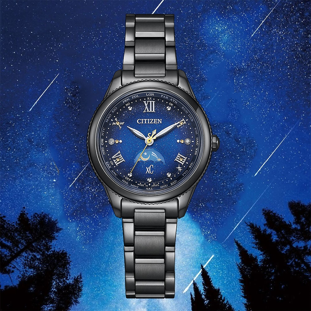 CITIZEN 星辰 XC 夜川月 限量 超級鈦 日月顯示 光動能電波女錶 EE1007-75L, , large