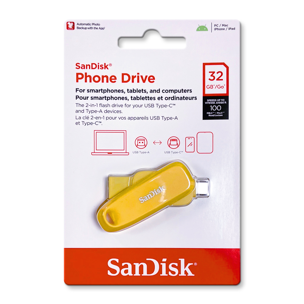 【SanDisk】Phone Drive DDC6 黃色 32G TYPE-C USB 3.2 雙用 OTG 旋轉隨身碟 讀取速度 100MB/s, , large