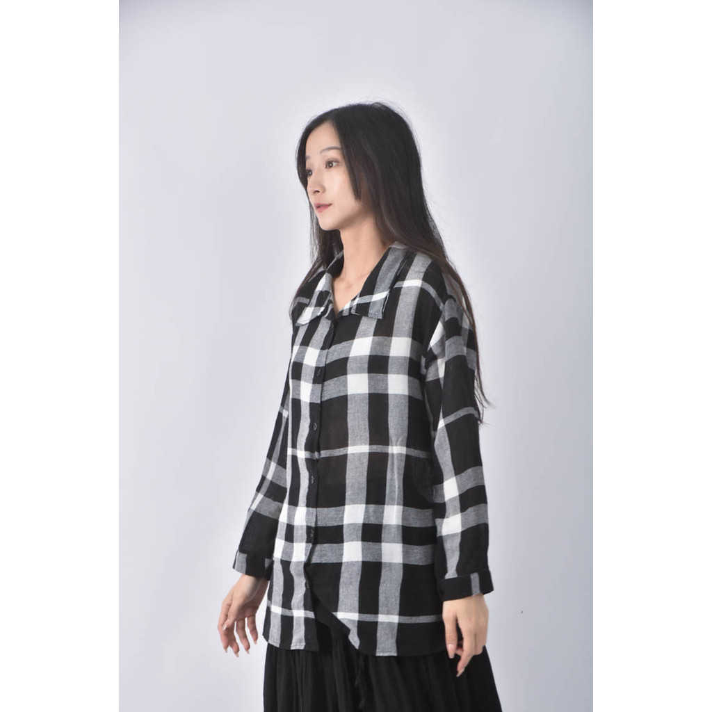 (L) meier q棉質格紋黑色長袖上衣二手衣, , large