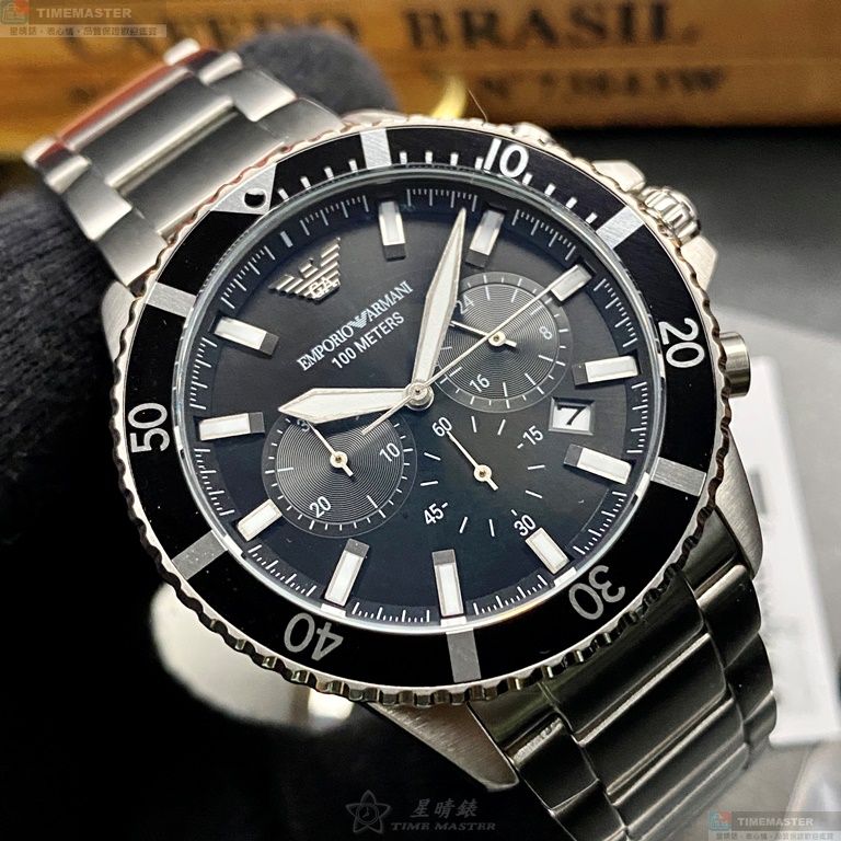 [星晴錶業]ARMANI手錶,42mm,AR00014黑色錶面黑錶殼銀色精鋼錶帶款, , large