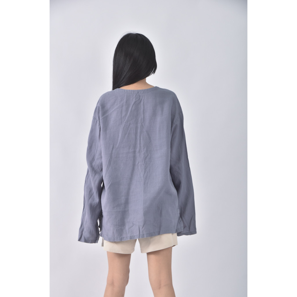 (XL) net質感西裝圓領藍色長袖上衣二手衣, , large