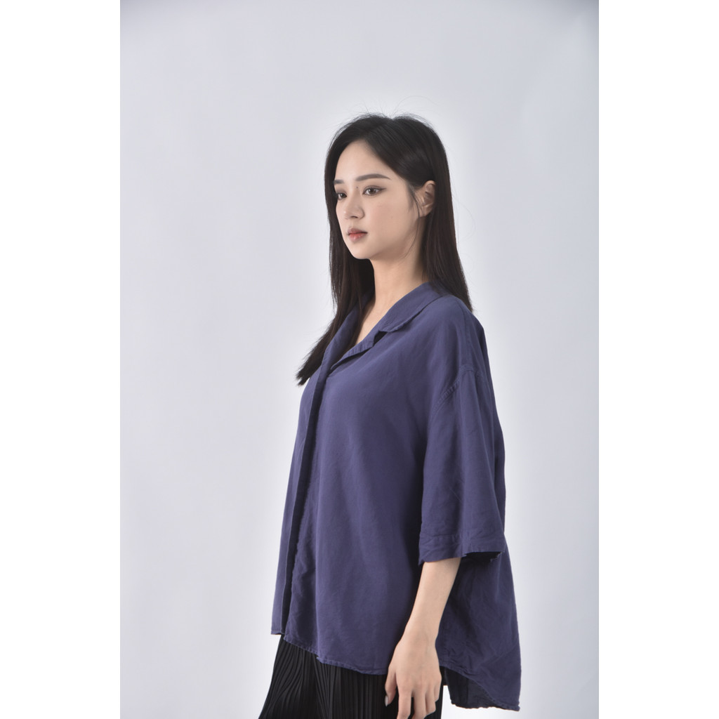 (2XL) uniqlo質感亞麻棉質素面藍色短袖上衣二手衣, , large