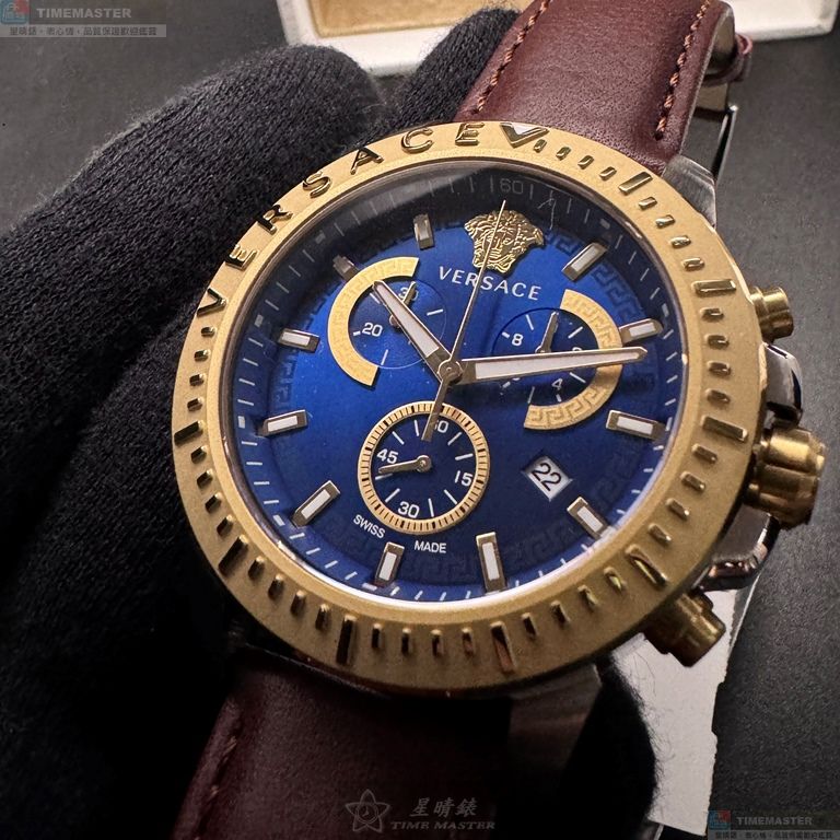 [星晴錶業]VERSACE手錶,46mm,VS11331寶藍色錶面金色錶殼咖啡色真皮皮革錶帶款, , large