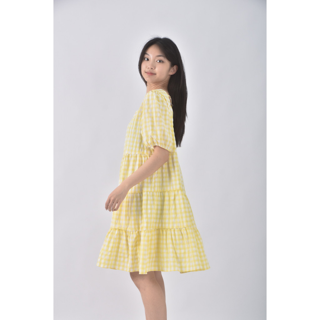 (S) 【金莎私服】質感格紋黃色洋裝二手衣, , large