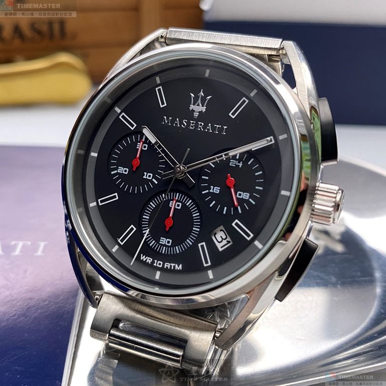 [星晴錶業]MASERATI手錶,42mm,R8873632003黑色錶面銀錶殼銀色精鋼錶帶款, , large