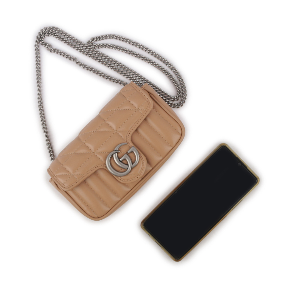 GUCCI GG Marmont 交叉縫線皮革翻蓋肩背/斜背鏈包(mini款)/裸粉色, , large