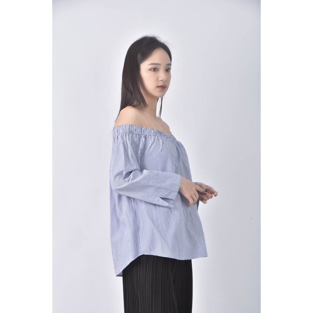 (S) zara條紋一字領藍色上衣二手衣, , large