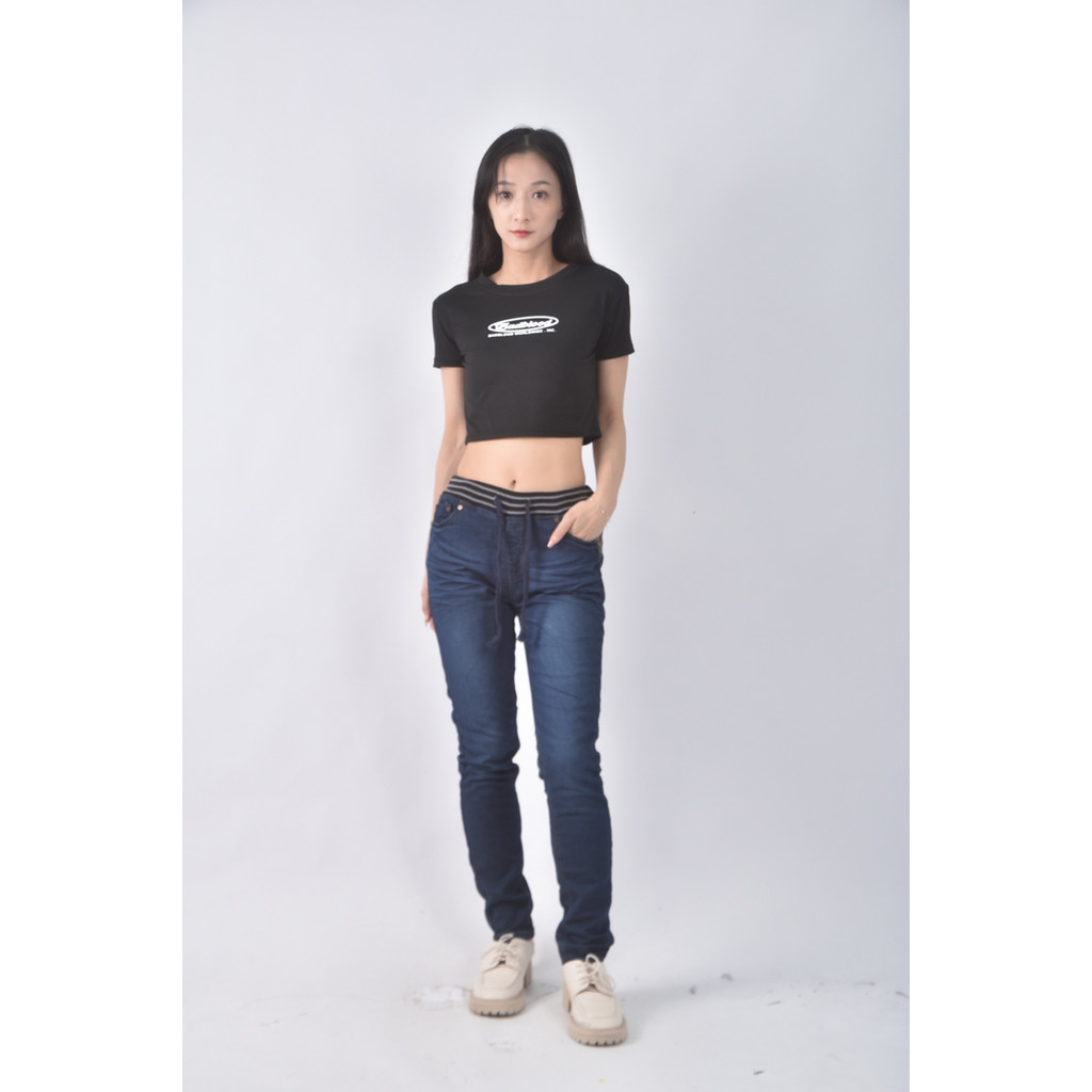 (M) 丹寧牛仔棉質豹紋藍色長褲二手衣, , large