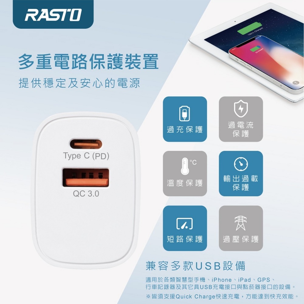 RASTO RB32 20W PD+QC3.0智能充電器 + 40W A to C快充傳輸線組 快速雙孔輸出 防火材質, , large