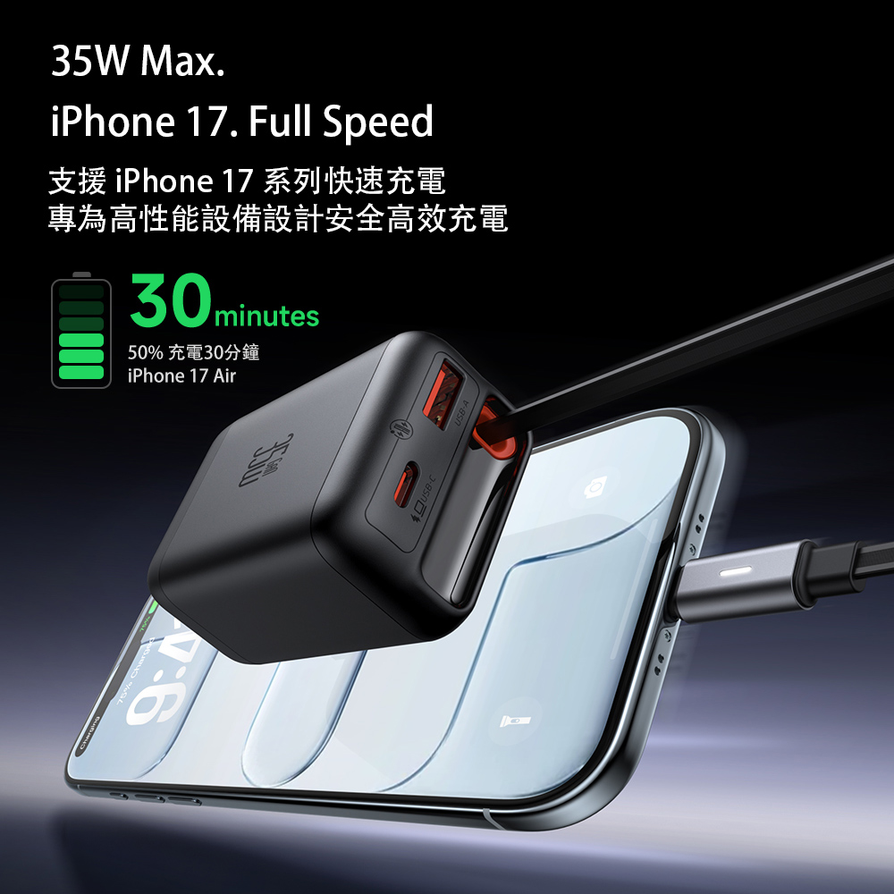 Mcdodo麥多多 LQ CH129 FreeGo系列 35W GaN自帶伸縮線快充充電器 A+C 美規, , large