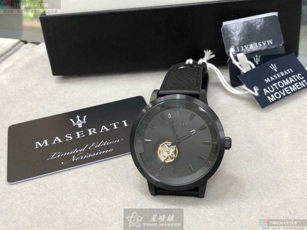 [星晴錶業]MASERATI手錶,44mm, 46mm,R8821134001黑雙面機械鏤空錶面黑錶殼深黑色真皮皮革錶帶款, , large