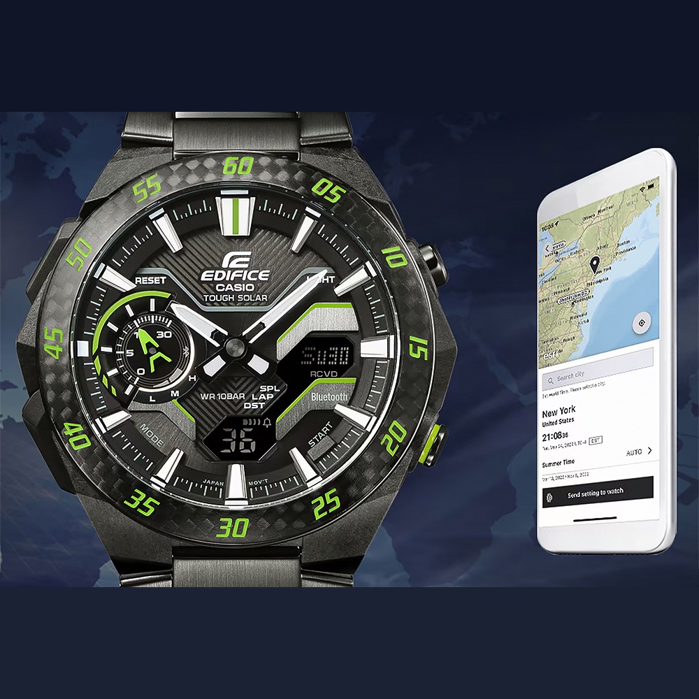 CASIO 卡西歐 EDIFICE 賽車方格旗 太陽能藍芽手錶-黑x黃色 ECB-2200RC-1A9, , large