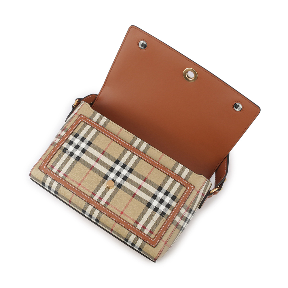 BURBERRY Note Vintage 格紋拼皮革翻蓋斜背包/ 石楠木棕色, , large