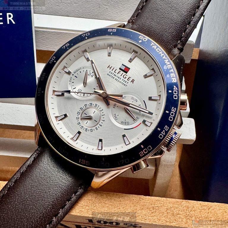 [星晴錶業]TommyHilfiger手錶,46mm,TH00053銀白錶面寶藍錶殼咖啡色真皮皮革錶帶款, , large