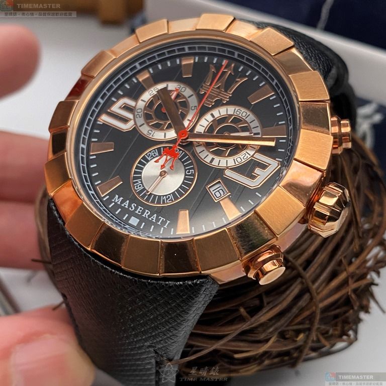 [星晴錶業]MASERATI手錶,44mm,R8871603002黑色錶面玫瑰金錶殼深黑色真皮皮革錶帶款, , large