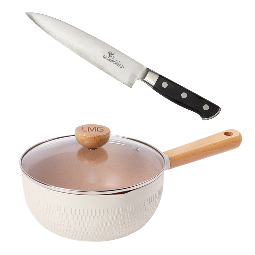 【金永利鋼刀】電木系列尖水果刀15cm(E3)+LMG錘紋不沾雪平鍋/附蓋 22cm, , large