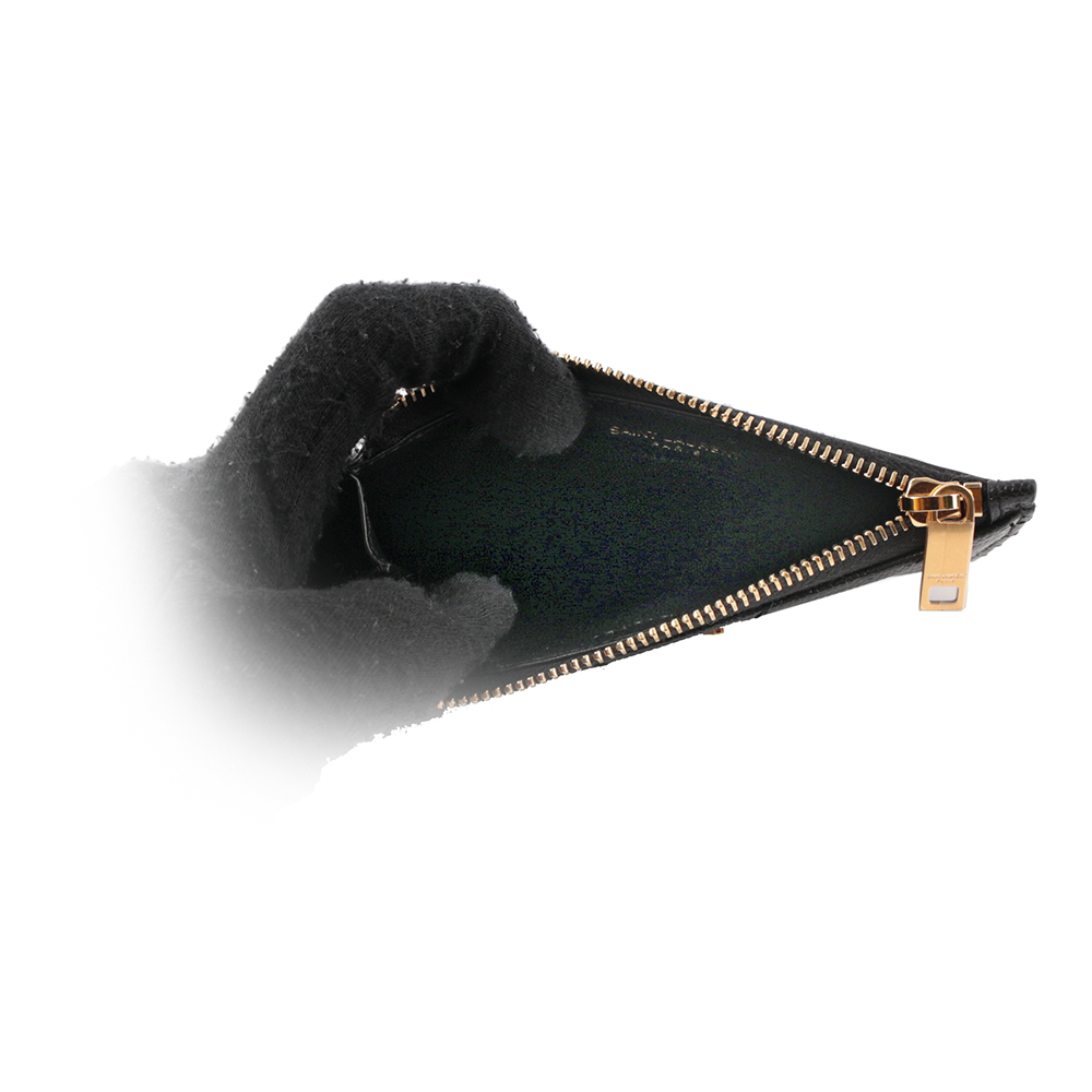 YSL 山形紋荔枝皮金字Logo拉鍊卡片/零錢夾/黑色, , large