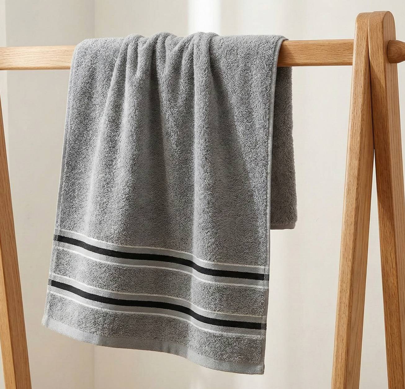 [Kaimei Cotton] Randomly excellent MIT made in Taiwan dark black edge striped bath towel top 12 taels super thick pure cotton satin design, , large