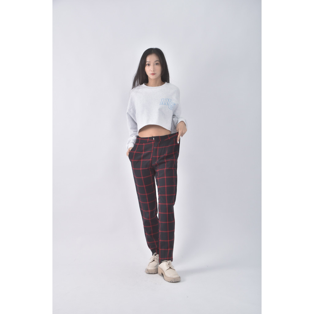 (XL) style in side高腰質感格紋紅色長褲二手衣