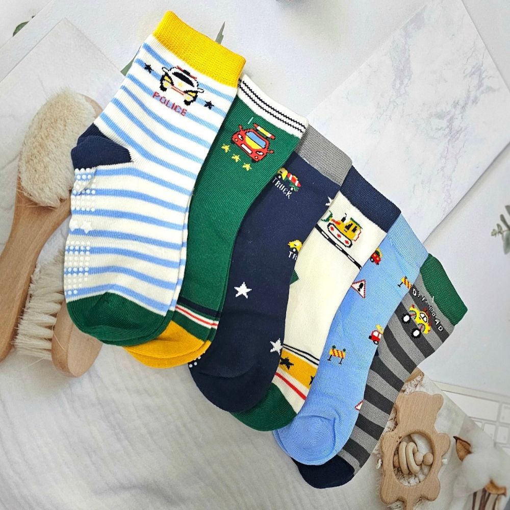 [Kaimei Cotton Industry] 8 pairs set, random and excellent, MIT made in Taiwan, pure cotton non-slip style boys' socks, BUBU car model 17-21cm, , large