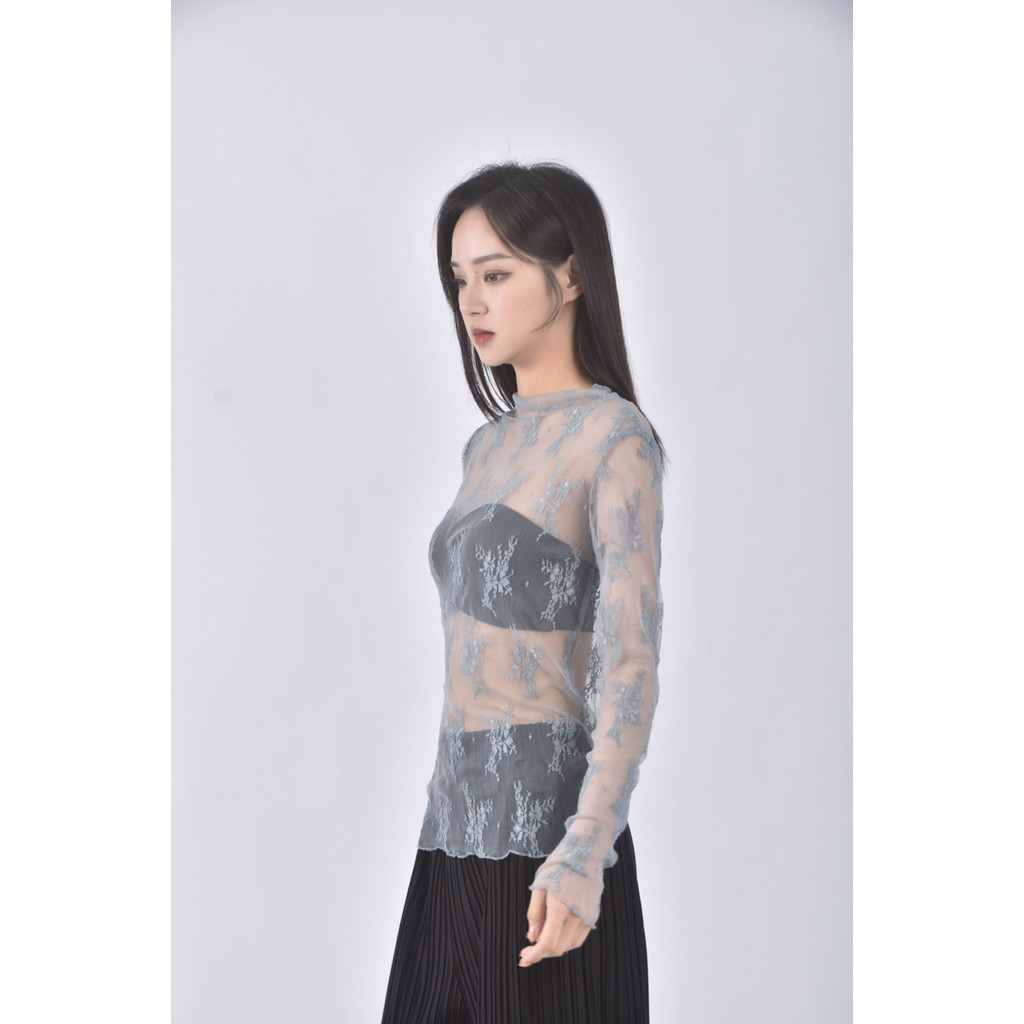 (S) vee miny質感蕾絲藍色長袖上衣二手衣, , large