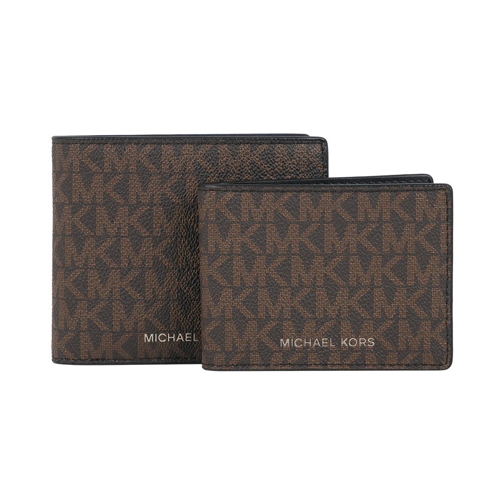 Michael Kors Cooper 銀字滿版塗層帆布附活動式卡夾對開短夾(咖啡色)