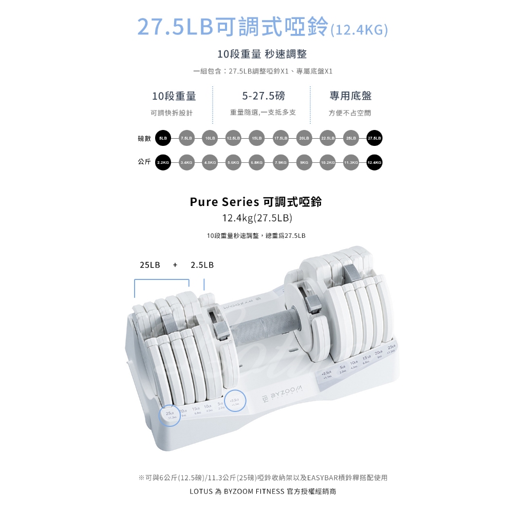 BYZOOM Fitness Pure Series 可調式啞鈴 25LB 5段重量秒速調整 宅配免運 公司貨 一年保固, , large