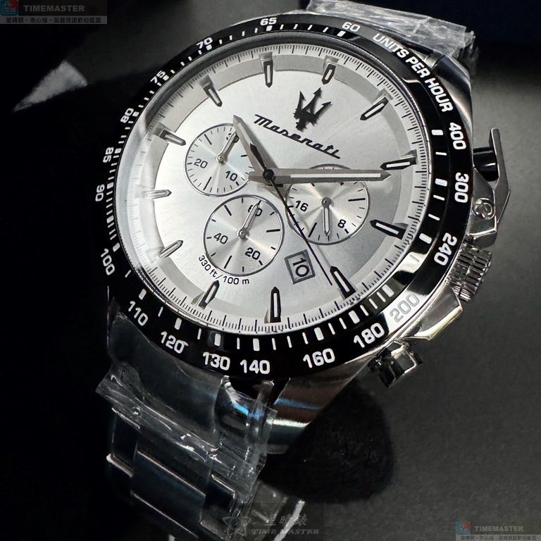 [星晴錶業]MASERATI手錶,46mm,R8873612049白色錶面黑錶殼銀色精鋼錶帶款, , large